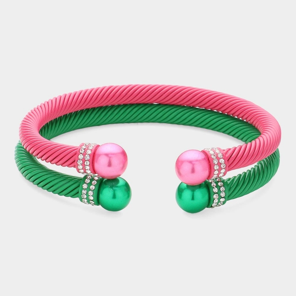 Pink & Green 2 Pc Pearl Tip Twisted Rope Cable Style Cuff Bracelet Bangle Metal
